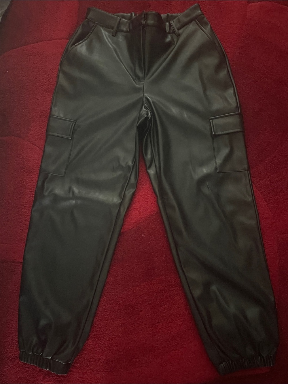 Women's Black Faux Leather Cargo Pants